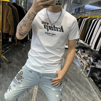 年夏季新款潮牌男士套头圆领流行印花图案时尚休闲短袖T恤男