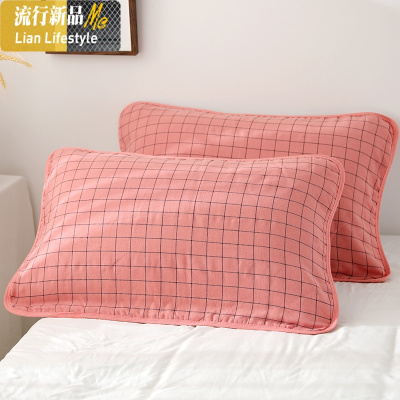 棉纱布加厚枕巾一对装日系棉6层格子ab版棉柔软枕头巾 三维工匠
