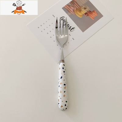 ins风碎石纹陶瓷手柄不锈钢餐具 刀叉勺套装石英贴花金色哑光勺子 敬平 碎石纹餐叉[长17cm]