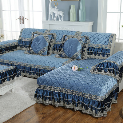 凡轩冬季毛绒加厚沙发垫布艺防滑现代意大利绒坐垫套巾宝石蓝60*70cm+20cm裙边