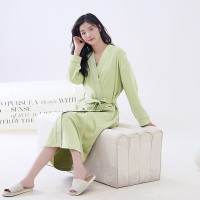 浪莎睡衣女士睡袍纯棉秋冬长袖舒适可外穿休闲家居服纯色中长款家居服 浅绿 L/165