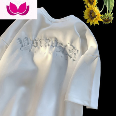 七斓美式绒短袖ins潮牌克莱因蓝t恤男士夏季情侣装七分袖