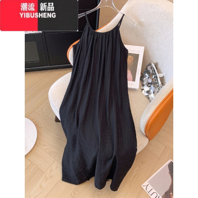 YIBUSHENG海边度假黑色吊带连衣裙女季大码胖mm宽松法式独特高级内搭裙子
