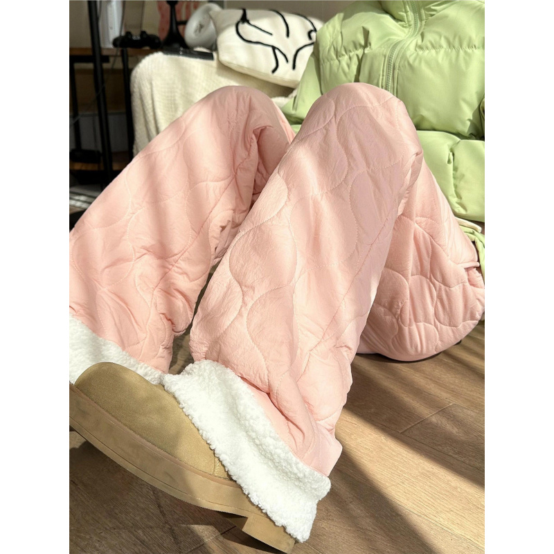 加绒裤子女新款秋冬季粉色加厚保暖棉裤外穿防风裤防寒阔腿裤