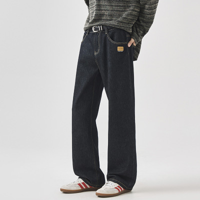 2026潮牌复古工装风牛仔裤男士原色阔腿长裤深蓝色重磅休闲裤