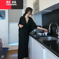 YIBUSHENG莫代尔连衣裙女春季新款性感v领气质宽松慵懒风黑色中长款裙子