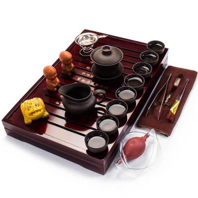 系客舟精品茶具茶壶套装紫砂功夫茶具带茶盘整套商务礼品款4-黑色紫砂茶博士盖碗套装