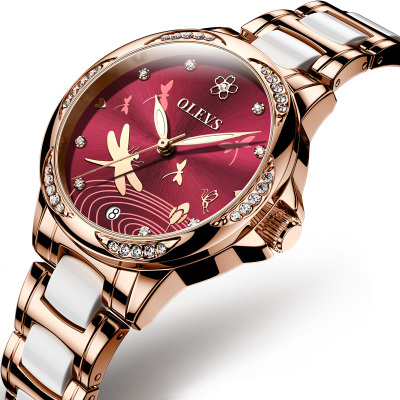 欧利时（OLEVS）瑞士品牌全自动机械表女士手表夜光防水潮流时尚腕表商务精钢间陶瓷女表陶瓷玫壳红面