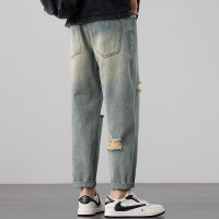 立体垂感男生破洞牛仔裤2025新款宽松百搭色系休闲微锥哈伦九分裤