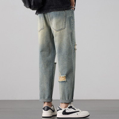 立体垂感男生破洞牛仔裤2025新款宽松百搭色系休闲微锥哈伦九分裤
