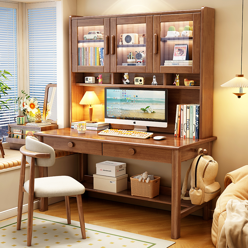 书桌书架带书柜一体桌家用卧室全实木办公电脑桌初高中学生学习桌
