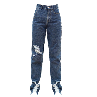 YIBUSHENG高腰牛仔裤女显瘦显高春款蓝色直筒宽松加长版拼接拖地破洞裤