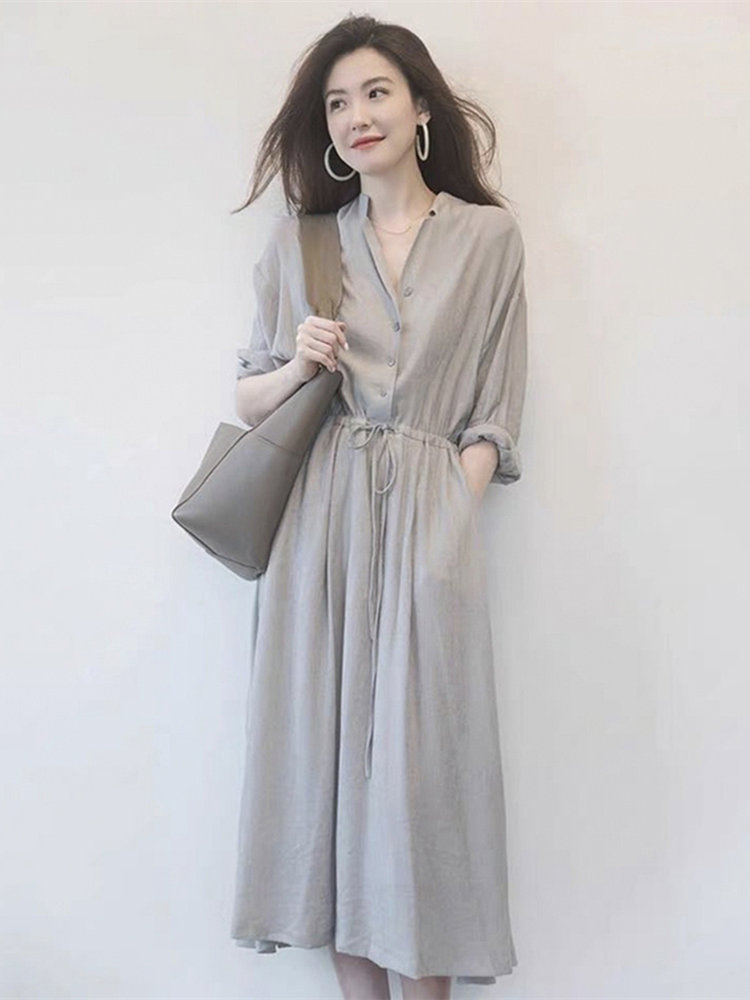 语娄开春新款女装大码早春微胖女生穿搭胖mm设计感裙子长裙棉麻连衣裙