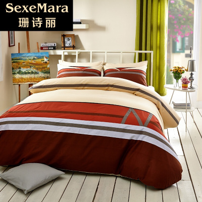 珊诗丽一米八时尚条纹双人床上用品纯棉1.5m2.0m床笠床单式简约四件套33727/19夏洛特伊