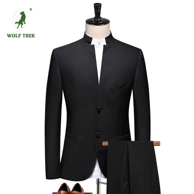 七匹狼国际公司授权WOLFTREK-男装立领西装中国风男士休闲商务中式西服套装中山装弹力料