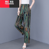 YIBUSHENG季新款棉绸花裤子女中老年妈妈高腰休闲九分裤大码显瘦直筒长裤