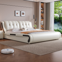 北欧真皮床轻奢现代简约双人床主卧榻榻米实木储物床家用软包婚床