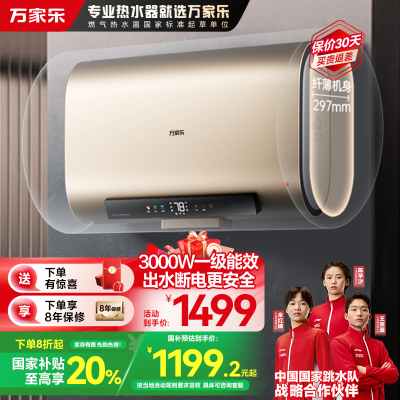 万家乐60升电热水器扁桶 双胆双镁棒 独立双胆 AI智能杀菌 出水断电 3000W 一级能效D60-FB5以旧换新