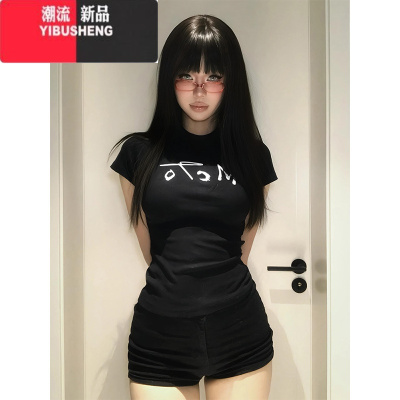 YIBUSHENG美式辣妹短袖正肩t恤女季字母印花修身显瘦设计感正肩短款上衣