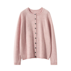 圆领羊绒衫秋冬新款女士卷边针织开衫韩系风宽松显瘦保暖外套