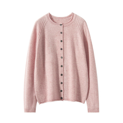 圆领羊绒衫秋冬新款女士卷边针织开衫韩系风宽松显瘦保暖外套