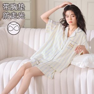 春夏季女短袖短裤睡衣开衫带胸垫翻领纯棉卡通可爱家居服套装