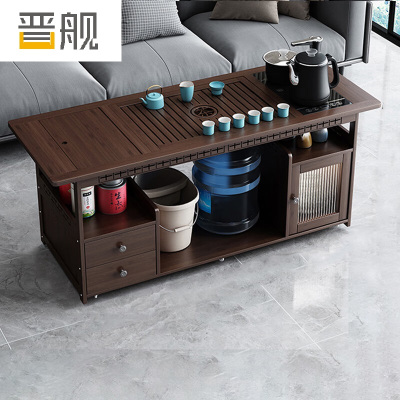晋舰 移动茶台家用竹木小茶桌烧水壶一体简约现代功夫茶几120长茶字面防烫电器+孔雀茶具