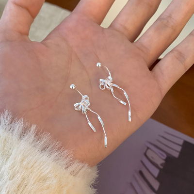 S999足银蝴蝶结丝带后挂耳钉女小众设计感小流苏耳环温柔精致送女朋友老婆情人节七夕生日礼物