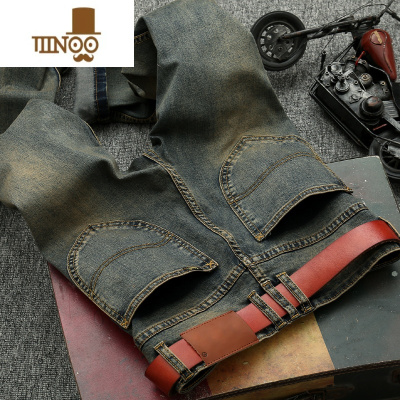 YANXU新牛仔裤男复古水洗做旧古铜色男士修身小直筒潮长裤弹力大码