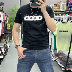 重工烫钻GOOD彩钻短袖时尚T恤圆领男士夏季个性新款青年修身百搭t