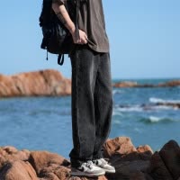 水洗复古牛仔裤男士夏季新款美式痞帅直筒宽松阔腿休闲长裤子