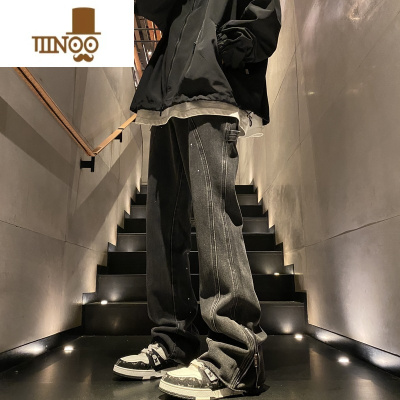 YANXU黄泥染微喇牛仔裤男美式复古潮流裤子拉链开叉设计感休闲长裤