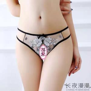 长夜漫漫 女式情趣内裤 性感镂空刺绣珠子按摩透明开裆免脱丁字裤 蕾丝捆绑诱惑立体花朵情趣内衣T型裤夫妻成人用品保密发货