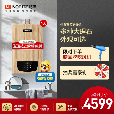 能率(NORITZ) 16升彩壳燃气热水器天然气 智控恒温 带水量伺服器GQ-16PA6AFEX-W02(暖木)高端机