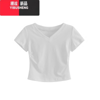 YIBUSHENG美式v领正肩短袖T恤女款季设计感小众修身紧身短款上衣灰色体恤