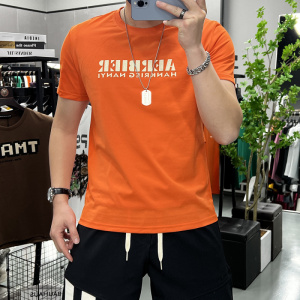 夏季新款短袖T恤男士上衣字母抖音潮流时尚圆领半袖衫修身丝光棉