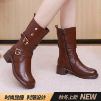 冬款韩版复古铆钉皮带扣马丁靴女厚底西部中筒圆头软底短靴女