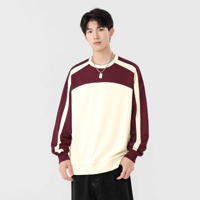 新款卫衣男春秋季撞色拼接宽松休闲打底韩版潮流套头圆领上衣