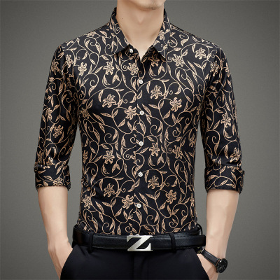 秋季新款男士印花衬衫免烫衬衣时尚休闲长袖