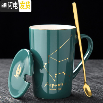三维工匠创意星座陶瓷水杯个性带盖勺男女学生杯子家用咖啡杯情侣杯马克杯 水瓶座-普通包装咖啡器具
