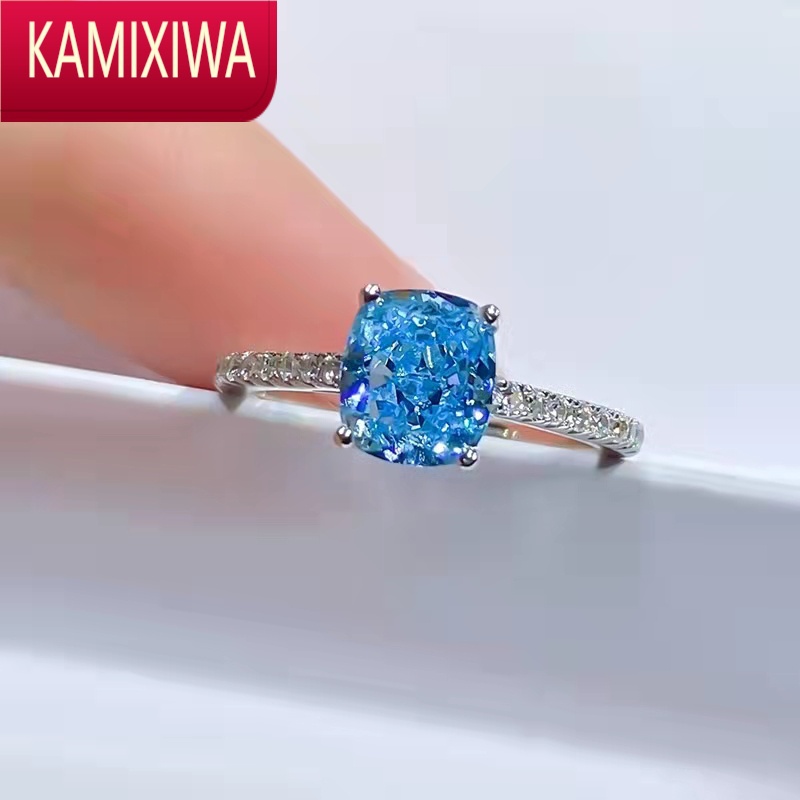 kamixiwa海蓝宝石戒指pt950铂金蓝钻指环公主四爪蓝色方钻莫桑枕型钻