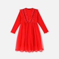 [1件3.5折]铅笔俱乐部童装秋装新款女童连衣裙中大童假两件网纱拼接裙子