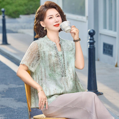 时尚印花妈妈装短袖套装女洋气中老年女士休闲两件套衣服50岁夏装