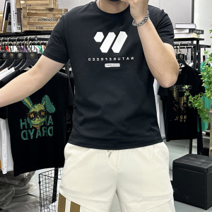 欧洲站夏季短袖T恤男士圆领上衣字母时尚潮流修身丝光棉半袖打底
