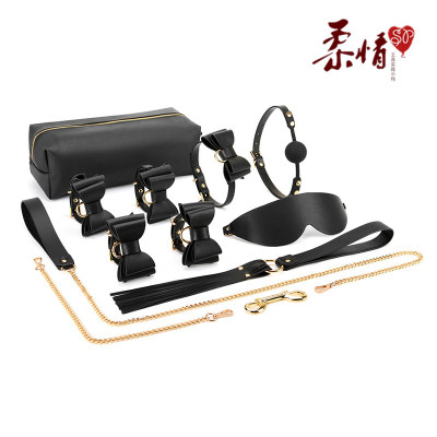 吉祥小炮柔情spSM情趣用品真皮皮具束缚套装皮鞭项圈手脚铐口球眼罩十字扣⑤激情蝴蝶结八件套(黑色)