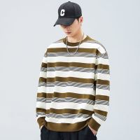 |男装条纹卫衣早秋圆领长袖T恤宽松潮流男士上衣潮牌打底衫