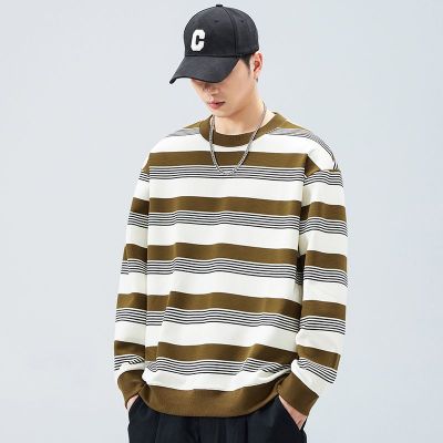 |男装条纹卫衣早秋圆领长袖T恤宽松潮流男士上衣潮牌打底衫