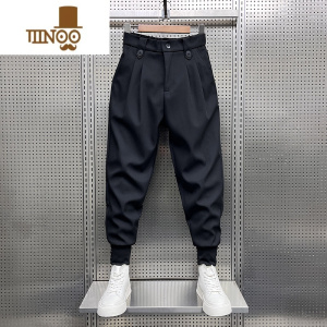 YANXU夏季潮牌褶皱束脚裤子男款潮牌痞帅西装裤黑色宽松哈伦休闲小西裤 黑色 36推荐体重190-210斤