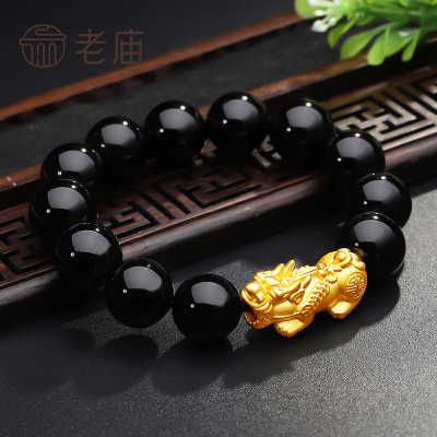 老庙黄金足金貔貅手串黄金手链配黑玛瑙送礼
