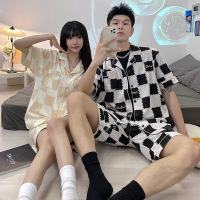 情侣睡衣男女款夏季棉质圆领短袖短裤卡通休闲可外穿格子裤家居服